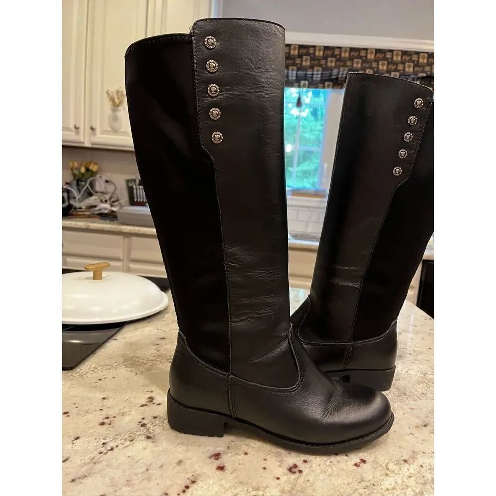 Report Black Faux Leather Back Stretch Studded Riding Boots sz 6 EUC - Picture 2 of 7